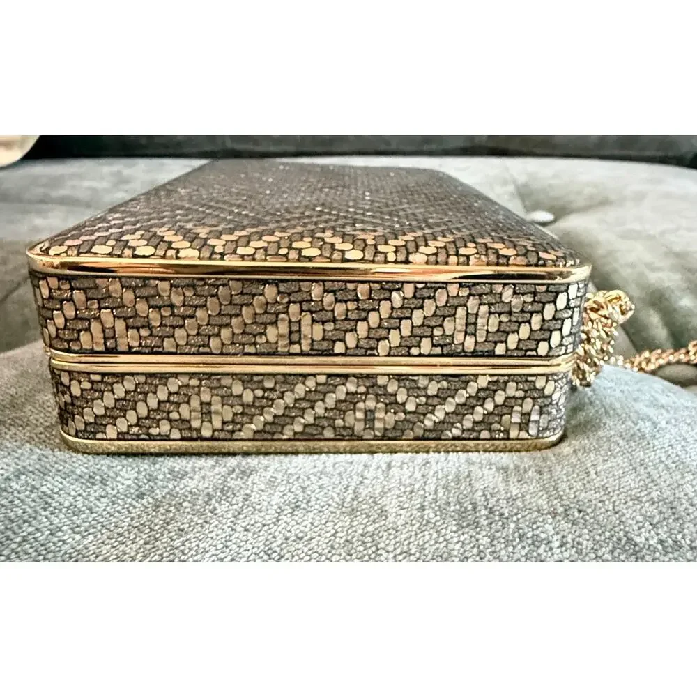 Michael Kors Box Clutch Crossbody Metallic Snake Embossed Gold Chain Evening Bag
